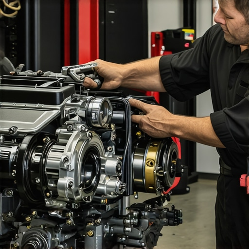 Mechanic checking engine wiring and hoses during car maintenance