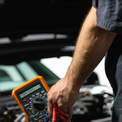 Mechanic testing car electronics with multimeter and scanner.