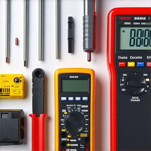 Close-up of professional auto repair tools like multimeter, torque wrench, and diagnostic scanner on a workbench.
