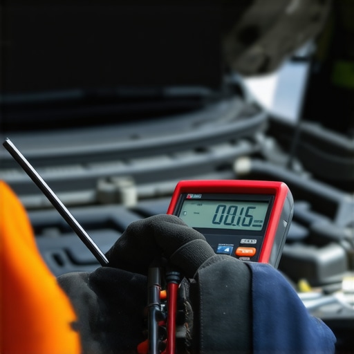 Essential Automotive Tools in Action Mechanic testing vehicle electrical system with multimeter and scan tool in garage