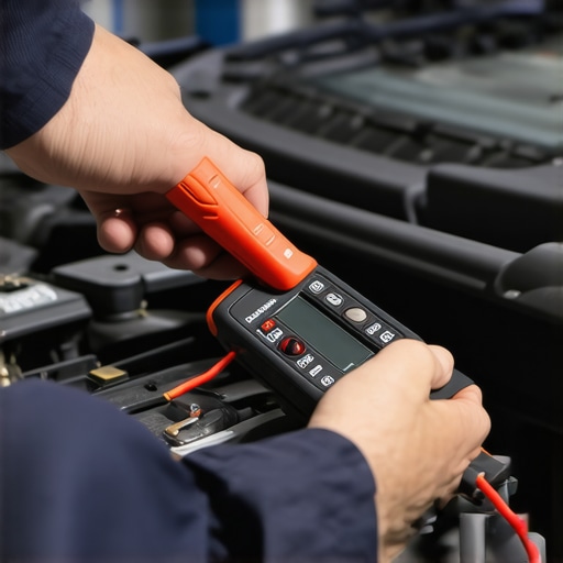 Mechanic demonstrating digital multimeter and laser alignment device for car repair