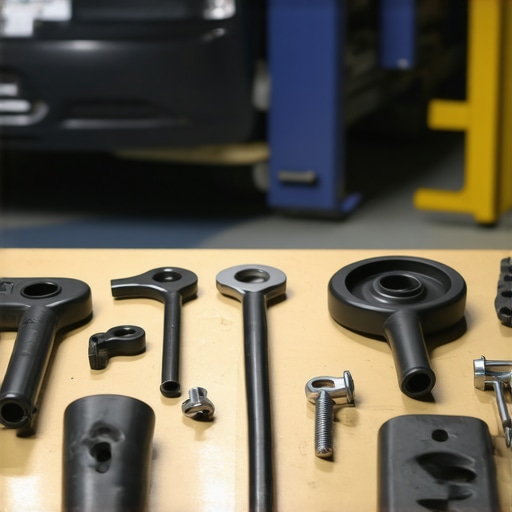 A set of basic repair tools and zip ties on a workbench near a lifted car