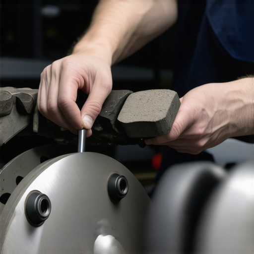 Mechanic carefully inspecting brake pads during car service