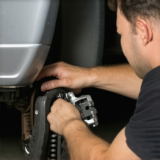Mechanic inspecting brake pads with tools