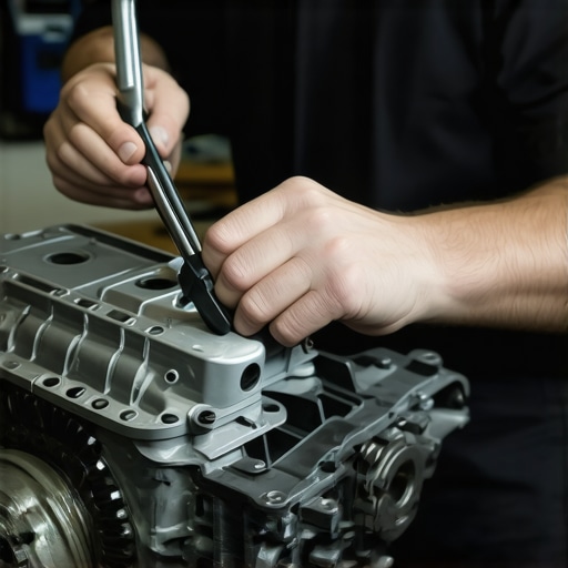 Mechanic examining engine parts with precision tools
