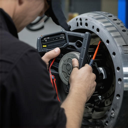 Mechanic analyzing car transmission using diagnostic tools.