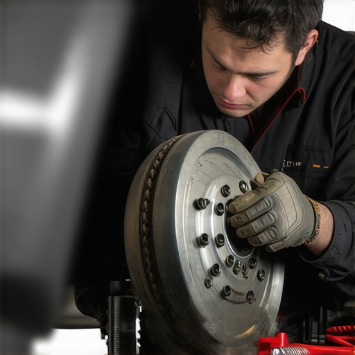 Mechanic inspecting brake pads in a professional workshop