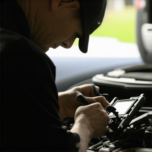 Expert transmission diagnosis Mechanic analyzing car's transmission system with diagnostic equipment