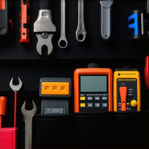 High-quality mechanic's toolkit with diagnostic equipment Tools and diagnostic devices arranged in a mechanic's workspace, ready for use in auto repair and maintenance.