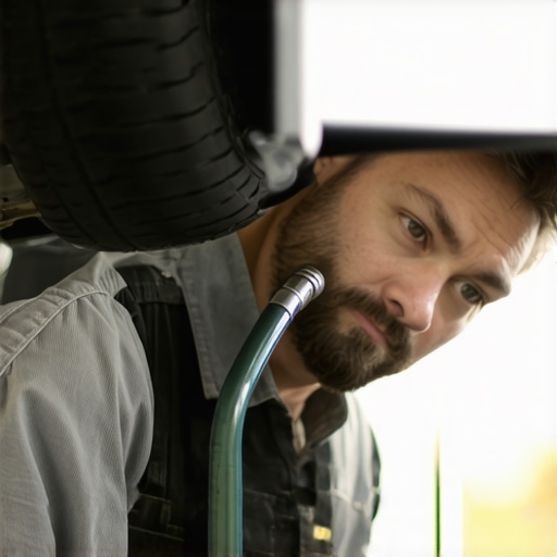 A mechanic checking the vacuum hose connected to the car's brake booster during maintenance.