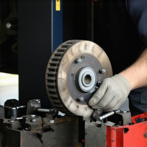 A mechanic checking brake pads and rotors in a workshop environment.