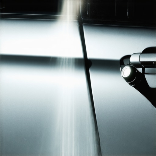 Person inspecting car door lock with flashlight and lubricant spray.
