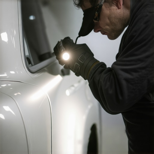 Mechanic using flashlight to check for paint imperfections on a car