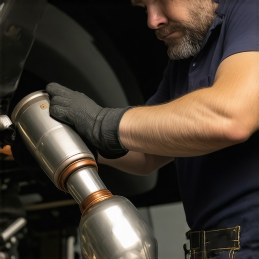 Inspecting Catalytic Converter for Odor Prevention Mechanic examining a catalytic converter for damage or blockage