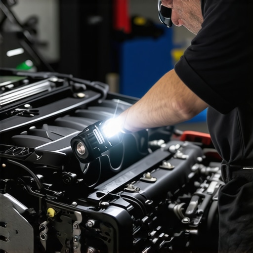 Mechanic examining engine mounts under the hood with a flashlight.