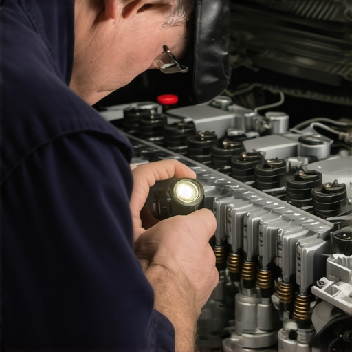 Mechanic closely examining fuel injectors with a flashlight