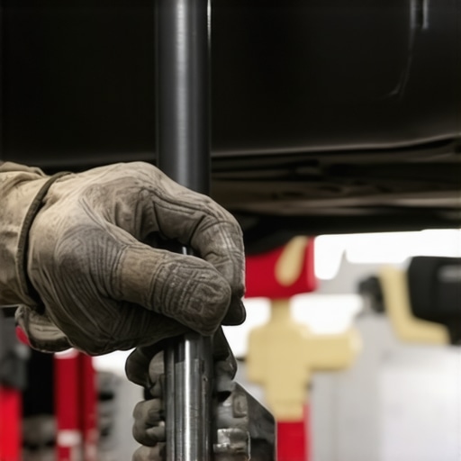 Mechanic examining the car's gear shift linkage under the car.