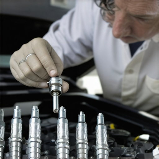 Mechanic examining engine spark plugs to diagnose car vibration issues