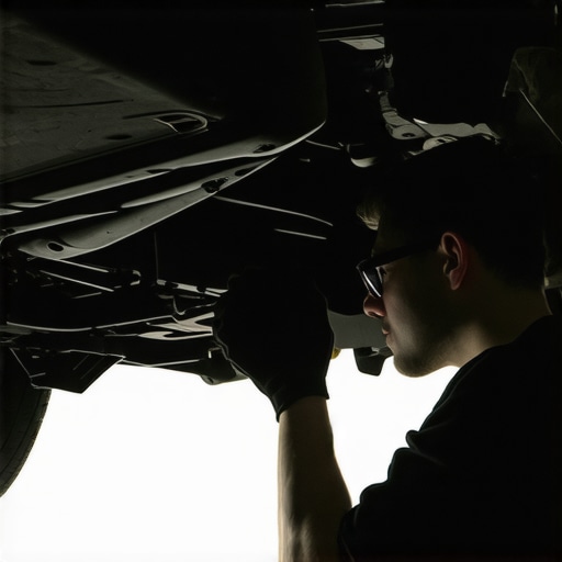Mechanic inspecting steering linkage and suspension parts beneath a vehicle on a hydraulic lift.