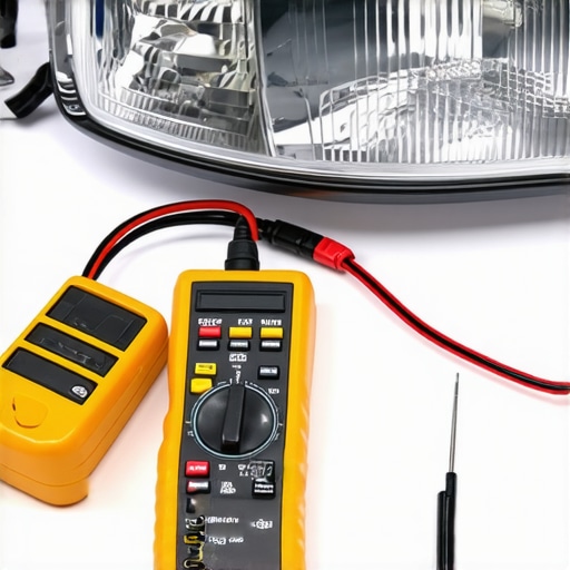 A motorist checking and cleaning headlight wiring connections with tools in a well-lit garage.