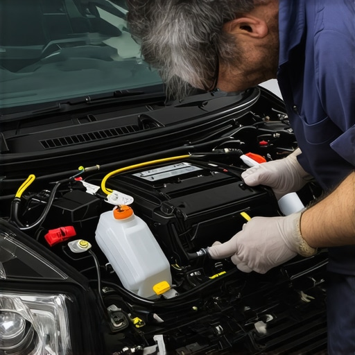 Technician checking wiring connections under the hood of a car