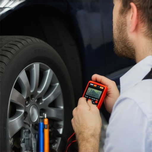 Mechanic testing car's wheel speed sensor with multimeter in workshop.