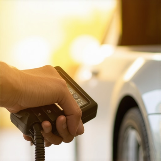 Mechanic's hand holding a diagnostic device connected to a car's OBD-II port