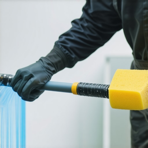 Auto painter blending paint on car panel with spray gun and sponge