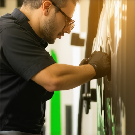 Auto technician measuring and adjusting car panel gaps with tools in workshop.