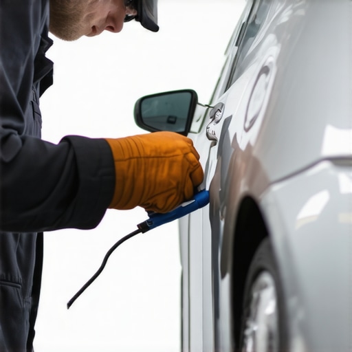 Mechanic measuring car panel gaps with digital tools during auto repair
