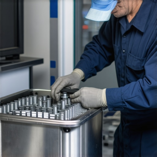 Mechanic carefully cleaning automotive sensor components with ultrasonic device in workshop.
