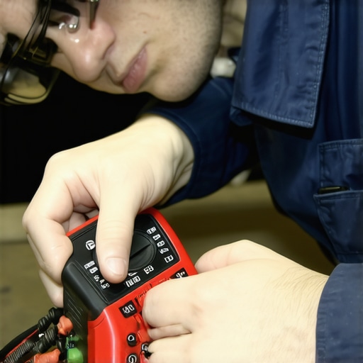 Mechanic inspecting vehicle diagnostics with multimeter and scan tool.