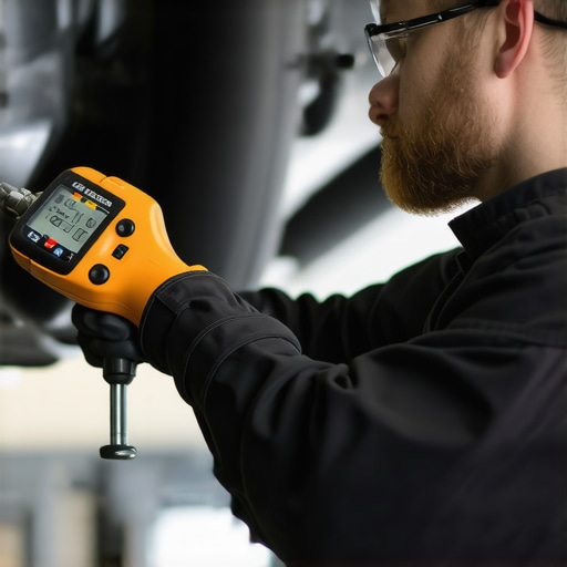 Mechanic adjusting a torque wrench on car wheel nuts in a workshop