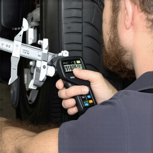 Mechanic measuring brake component with digital caliper and infrared thermometer.