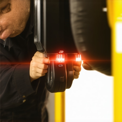 Precision Wheel Alignment Equipment in Use Mechanic using laser alignment scanner during vehicle maintenance.