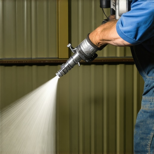 Close-up of spray gun applying metallic paint during car repair