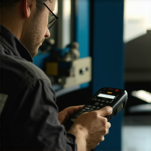 Mechanic analyzing vehicle data with a high-tech scanner in an auto repair shop