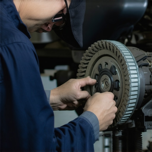 Mechanic analyzing car transmission with diagnostic equipment