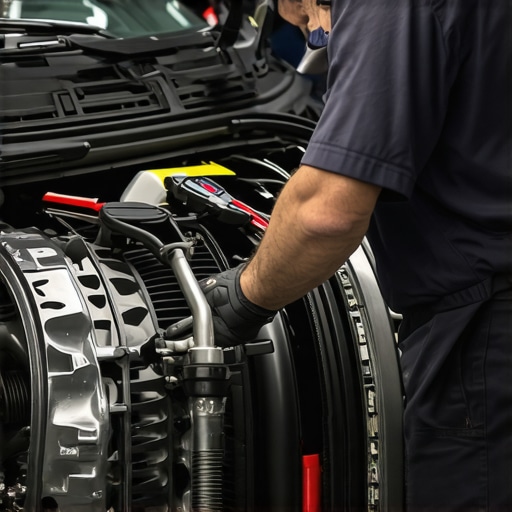 Mechanic analyzing a car's transmission diagnostics at a repair shop