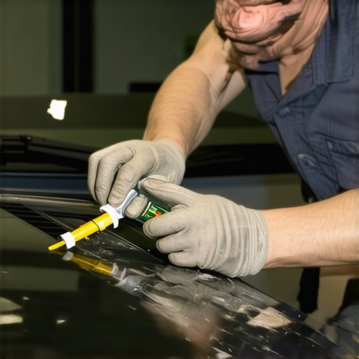 Mechanic carefully applying automotive-grade sealant during car repair