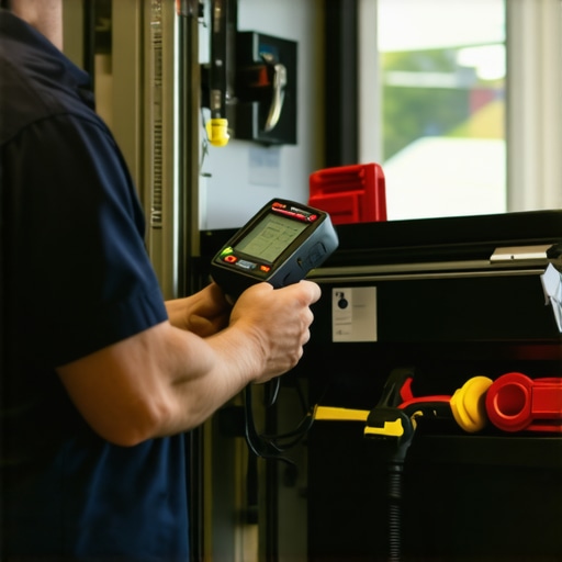 Professional auto maintenance tools and setup Mechanic analyzing car diagnostics with advanced tools in garage.