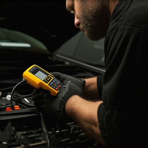 Technician performing a diagnostic scan on a modern vehicle with computerized tools.