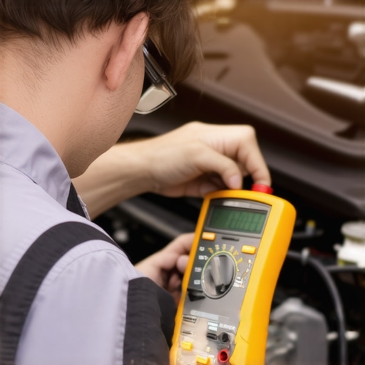 A mechanic testing car's electrical system with a multimeter during auto repair.