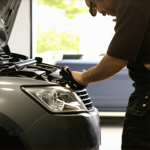Mechanical hands adjusting car hood hinges with tools in a garage.