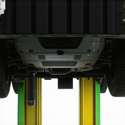 Mechanic inspecting rear suspension components of a car lifted on a hydraulic lift