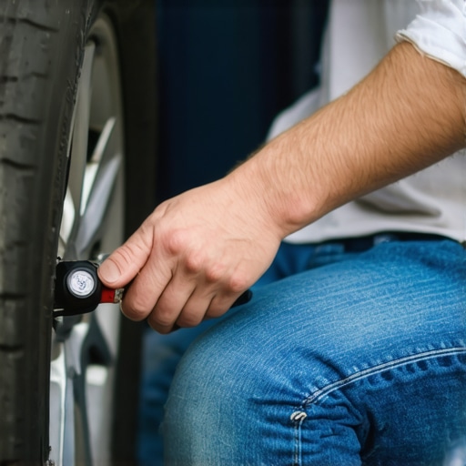A hand using a pressure gauge on a vehicle tire