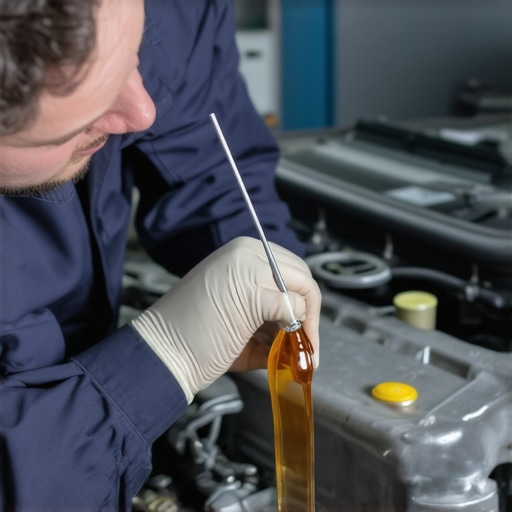 Mechanic checking transmission fluid level with a dipstick in a car engine bay