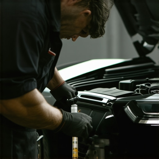 Close-up of a mechanic checking transmission fluid dipstick in a car engine