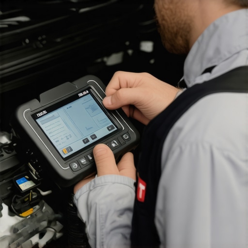 Using Advanced Diagnostic Tools for Long-Term Vehicle Maintenance Mechanic diagnostics a car engine with a modern scanner showing digital readouts.