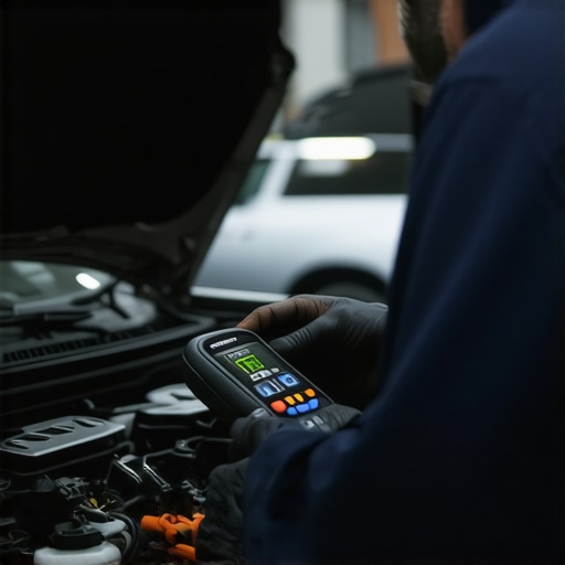 Using Advanced Diagnostics in Auto Maintenance Mechanic holding a tablet connected to a car engine for diagnostics.